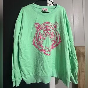 Fantastic Fawn Mint Green Sweater with Pink Tiger Design